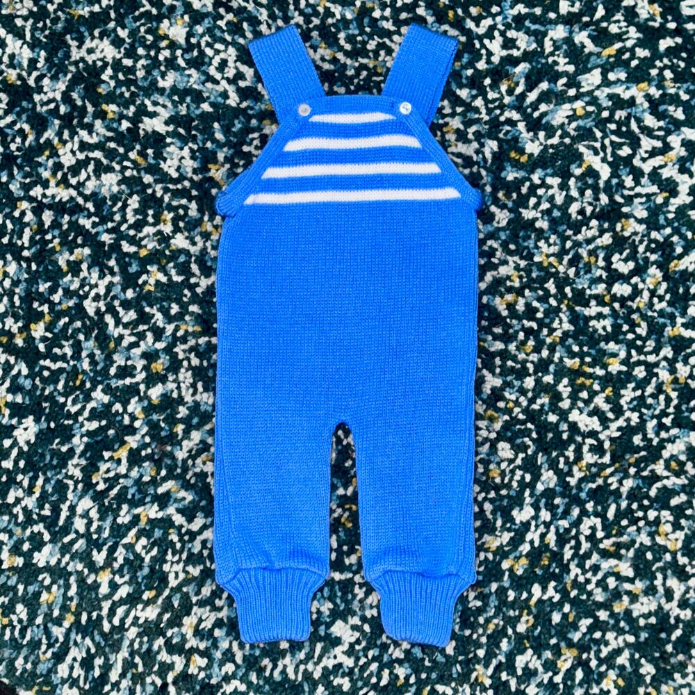 Handmade Infant Blue & White Knit Overalls